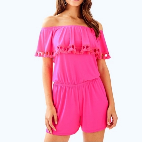 LILLY PULITZER La Fortuna Off-The-Shoulder Romper Pink Small - Picture 4 of 12